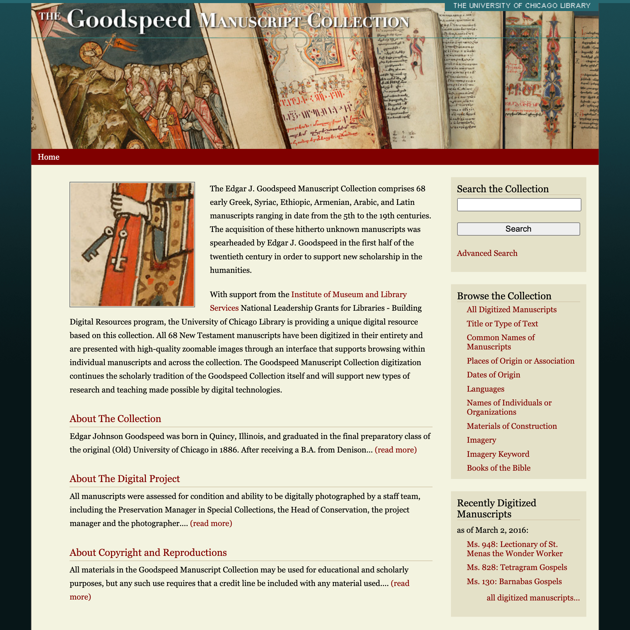 Goodspeed Manuscript Collection homepage.