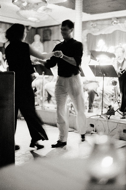 A man and a woman dancing.
