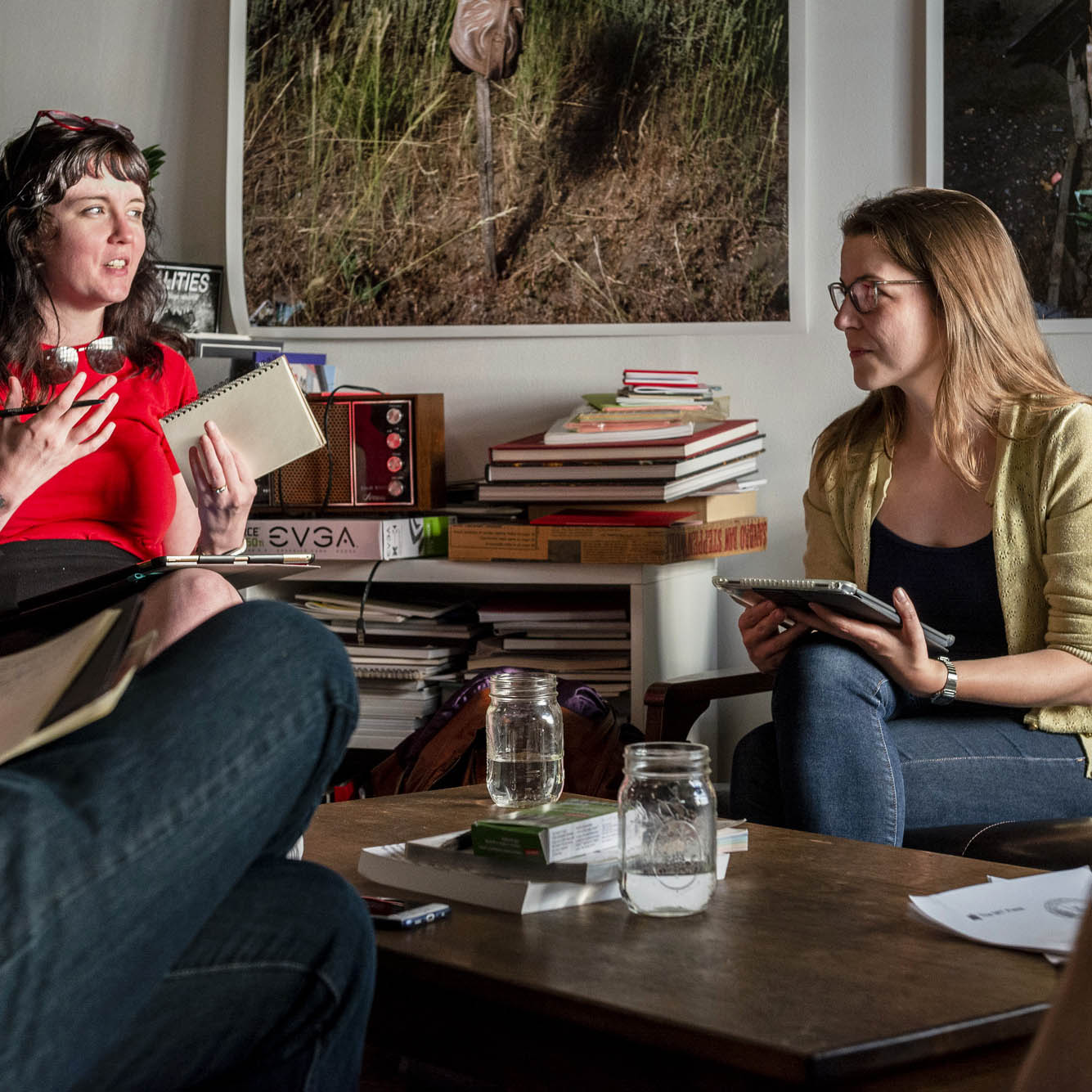 Reading group participants discussing a text.